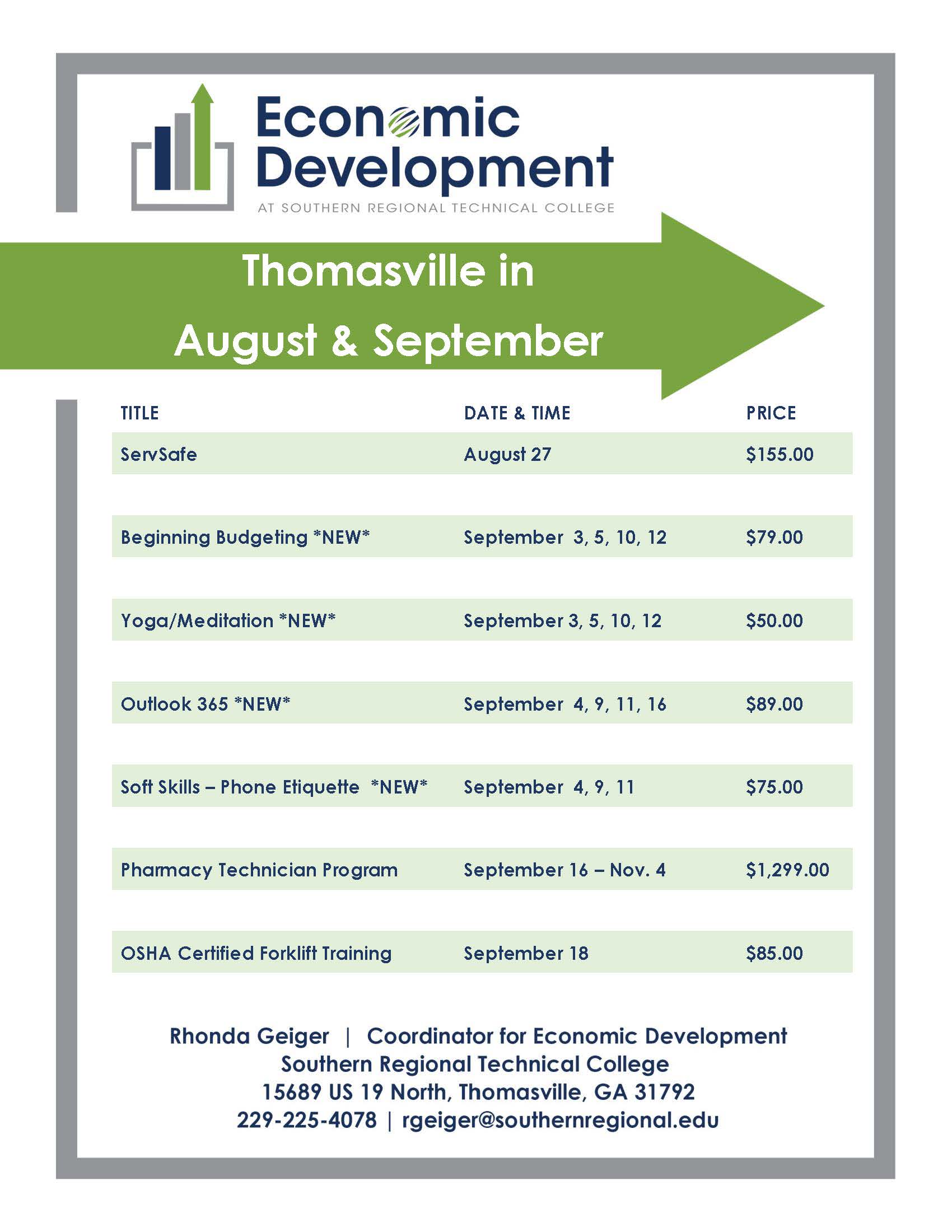 Thomasville September Course Schedule